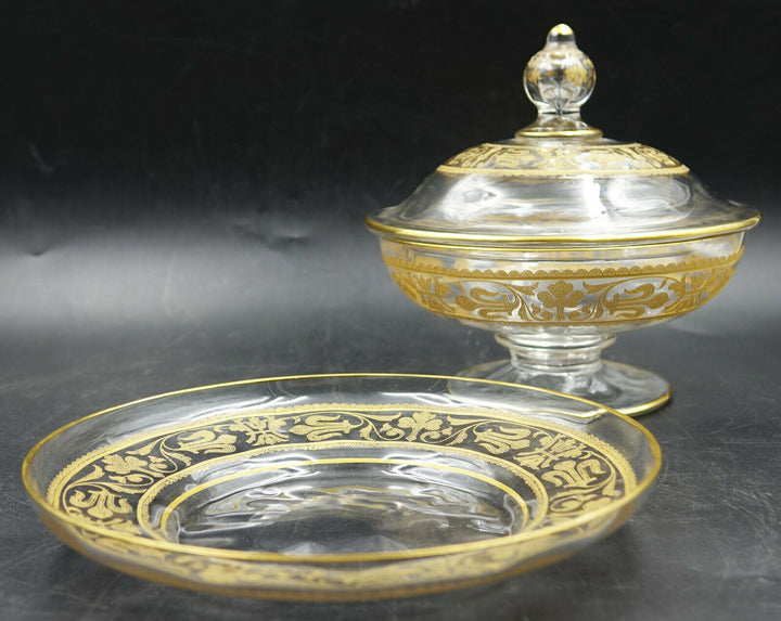 French Baccarat Covered Candy Bowl & Plate Gold Encrusted Fleur De Lys 1907