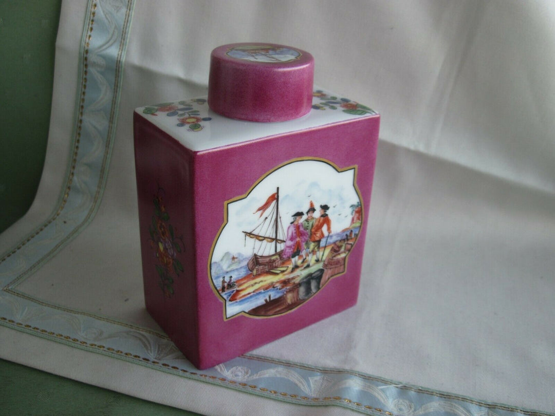 Schöne Meissen Teedose mit vielen Indischen Blumen und Handels-Szenen