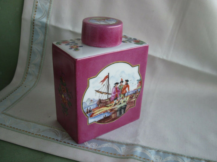 Schöne Meissen Teedose mit vielen Indischen Blumen und Handels-Szenen