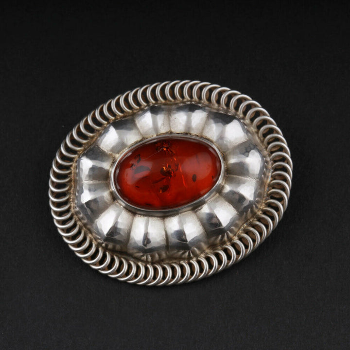 Georg Jensen Sterling Brooch # 155 with Amber. Design: GJ himself. VERY RARE.
