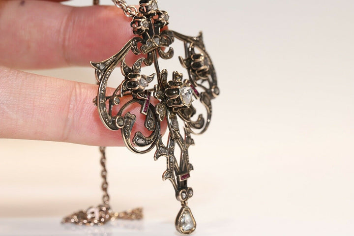 アンティーク オリジナル オスマン朝 8K ゴールド 天然ローズカット ダイヤモンド・ルビー ネックレス