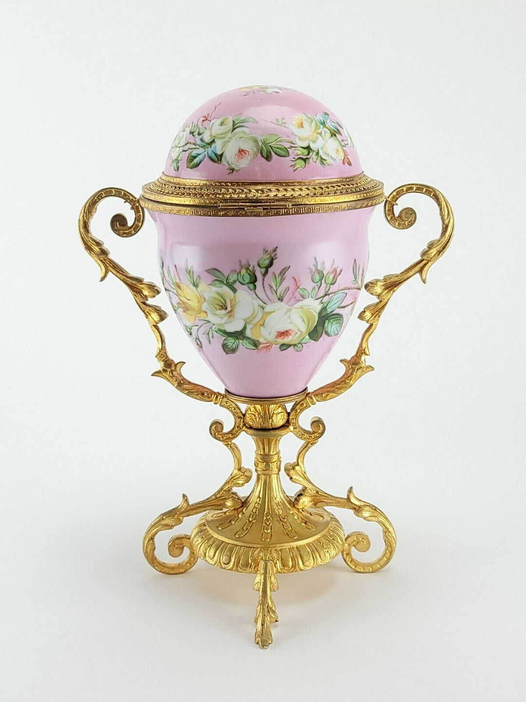 Antique French Sevres Porcelain Box Egg Style Gilt Bronze
