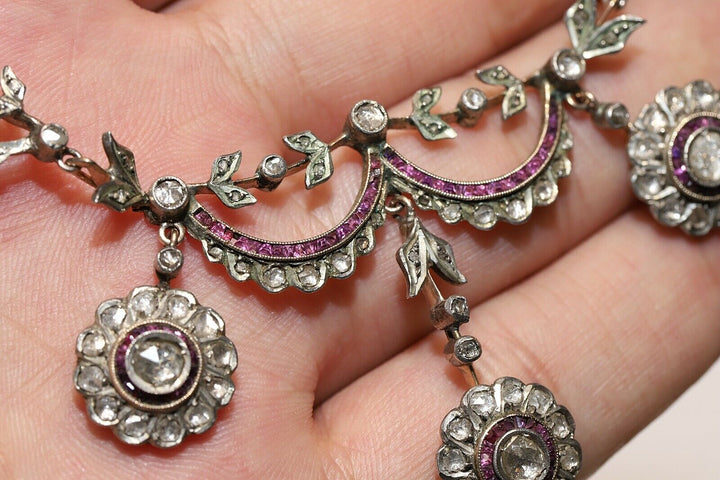 アンティーク オスマン 8K ナチュラルダイヤモンドとルビーのネックレス