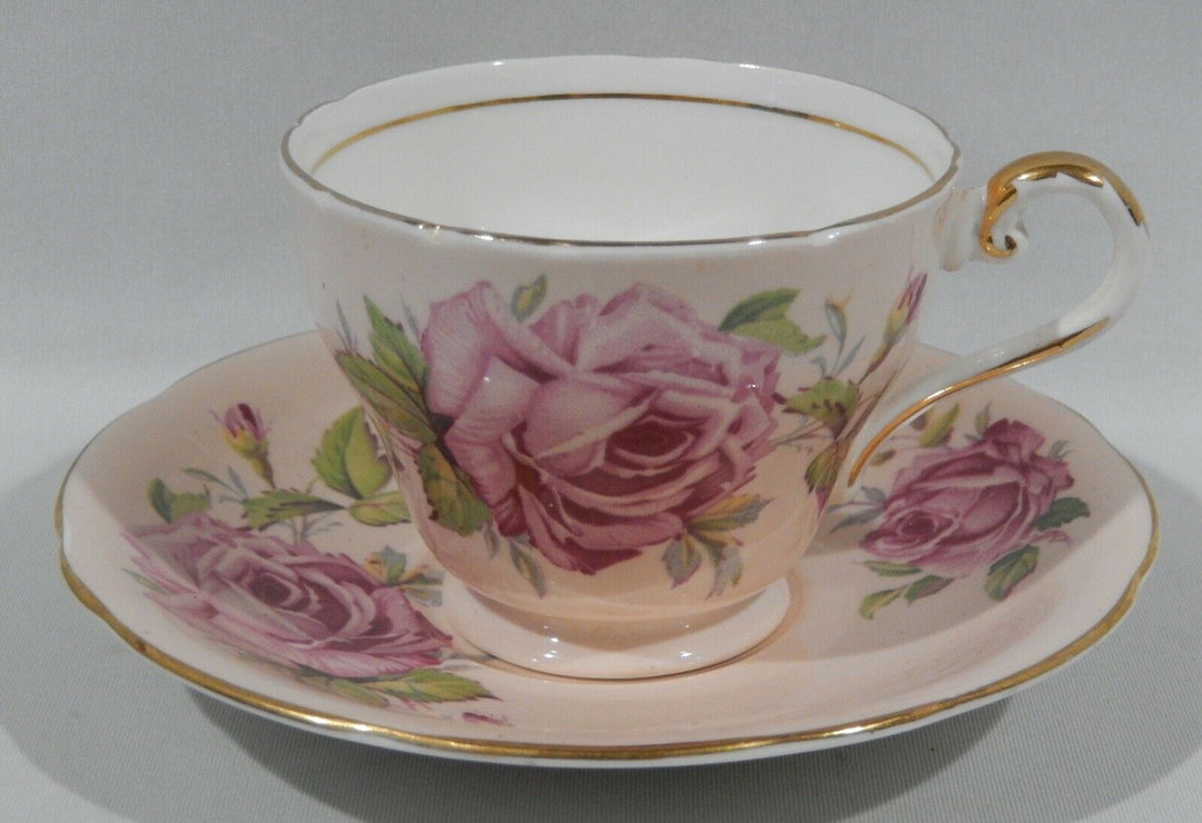Vintage 1950s AYNSLEY PINK CABBAGE ROSE CUP & SAUCER on PALE PEACH BACKGROUND