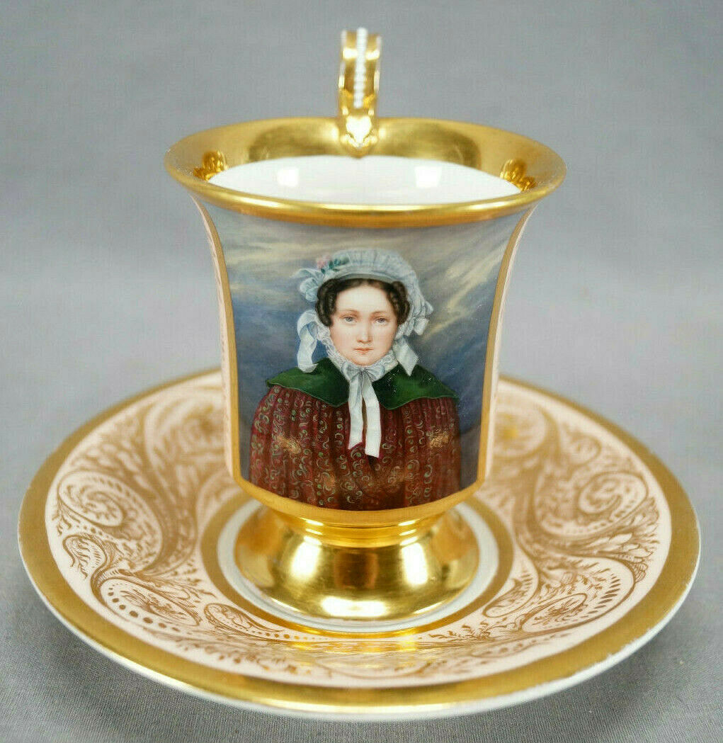 KPM Berlin Hand Painted Lady Portrait Pink & Gold Cup & Saucer Circa 1837-1844