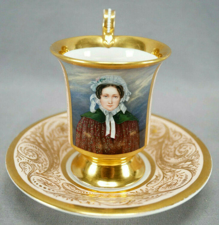 KPM Berlin Hand Painted Lady Portrait Pink & Gold Cup & Saucer Circa 1837-1844