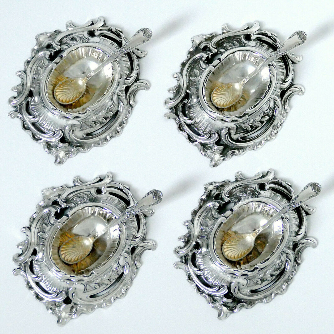 Puiforcat Rare French Sterling Silver 4 Salt Cellars, Spoons, Original Box