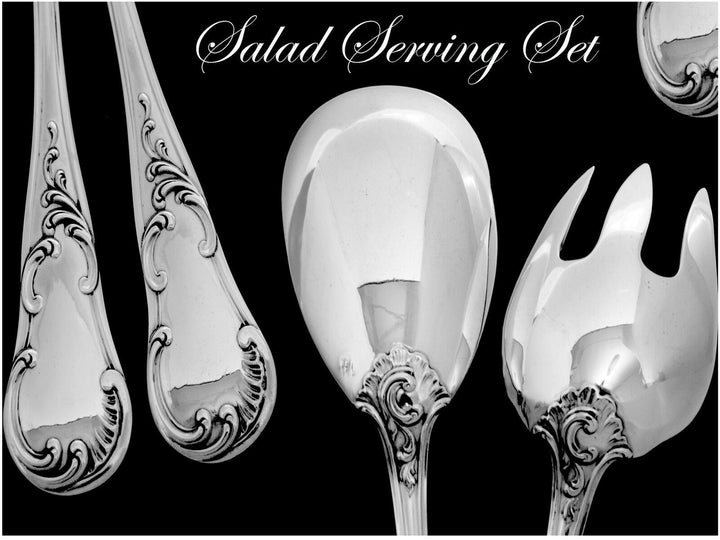 QUEILLE Elegant French All Sterling Silver Salad Serving Set 2 pc Rococo