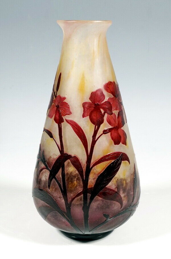 DAUM FRERES NANCY FRANCE JUGENDSTIL CAMEO VASE NACHTVIOLEN DEKOR UM 1910 H: 22CM