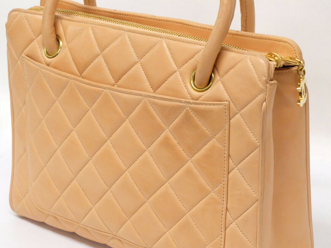 AUTH CHANEL BEIGE Quilted Lamb skin Leather Gold Medallion