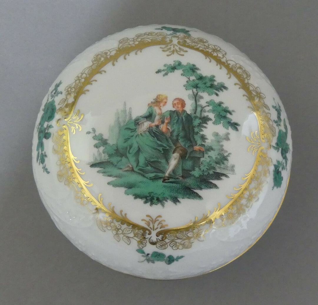 ⚔ Meissen Dose galante Szenen kupfergün Watteau 1.Wahl ø 12,5 cm - NP 7.490,-€