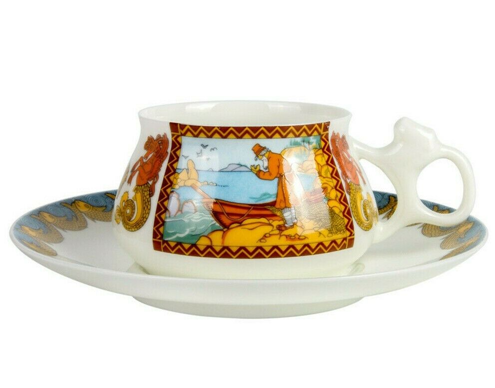 Imperial Porcelain Teacup & Saucer TALE OF THE FISHERMAN AND FISH, LOMONOSOV