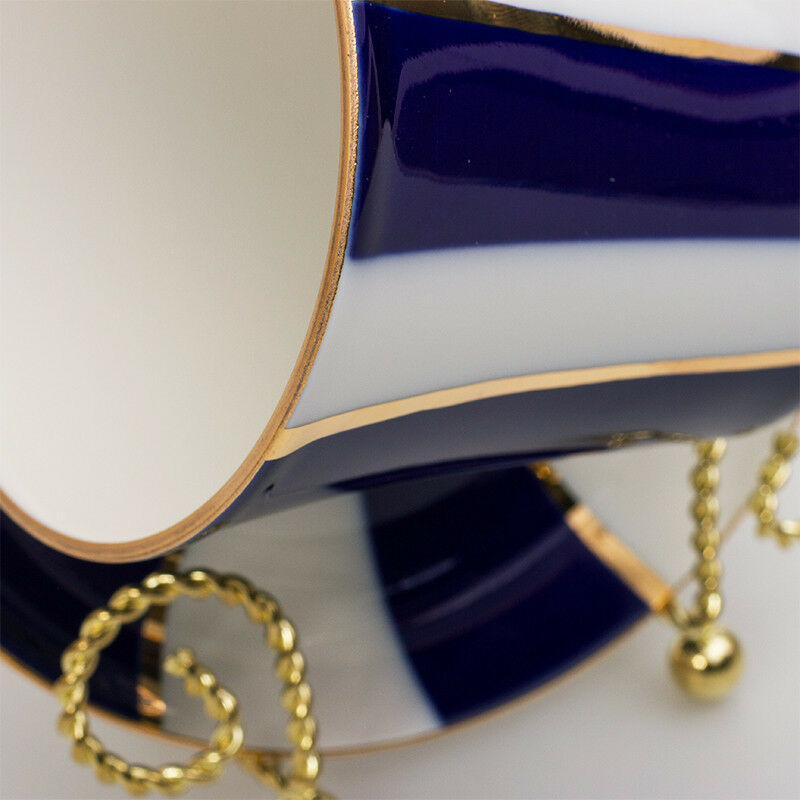Cobalt Stripes Mug & Saucer Lomonosov Russian Imperial Porcelain Teacup 12 fl oz