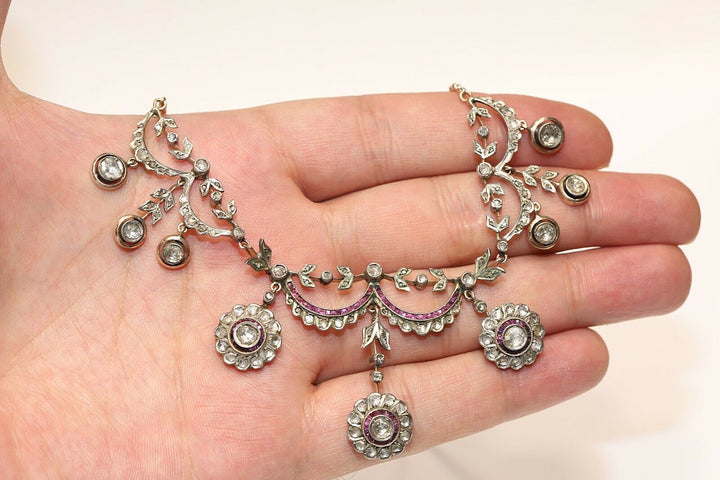 アンティーク オスマン 8K ナチュラルダイヤモンドとルビーのネックレス