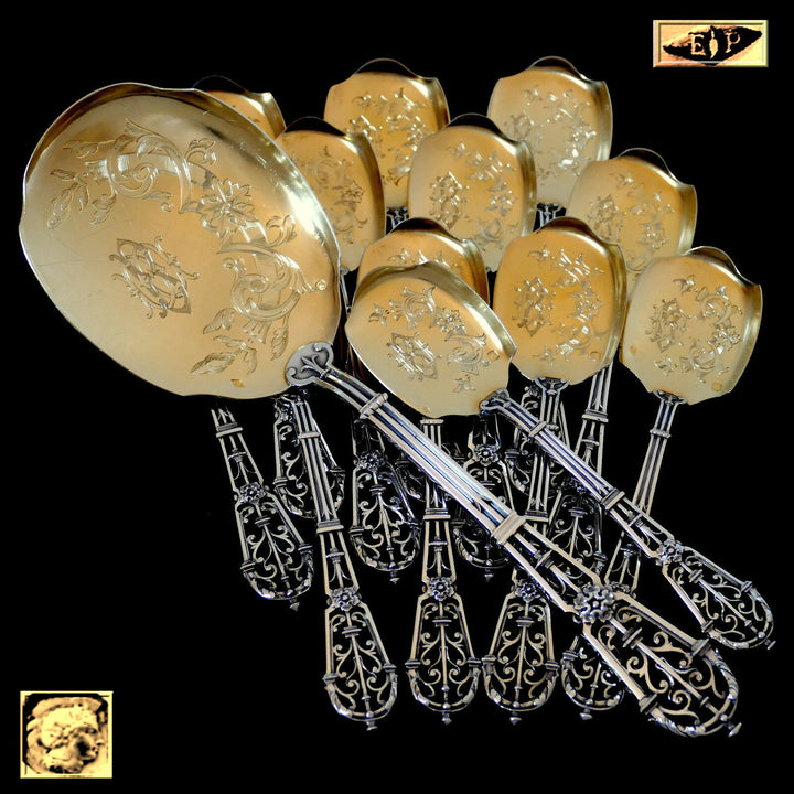 Puiforcat French Sterling Silver 18k Gold Ice Cream Set, Ferrure, Original Box