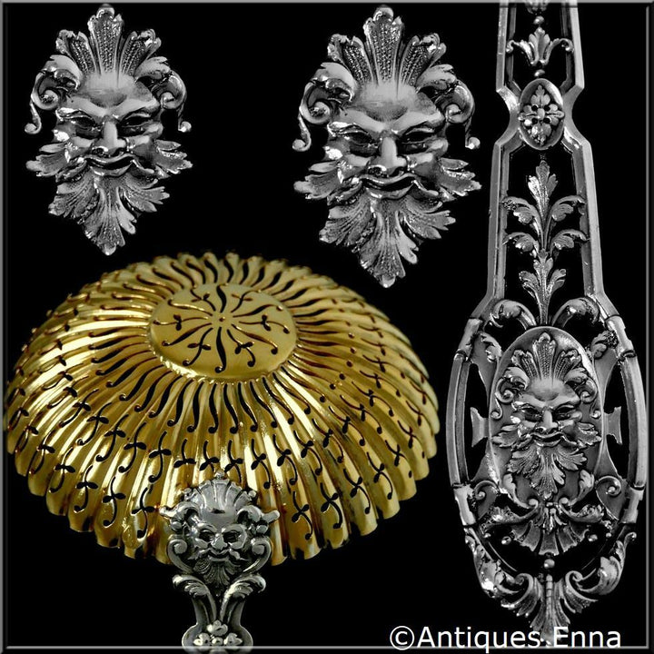 Puiforcat Masterpiece French Sterling Silver Gold Sugar Sifter Spoon Mascaron