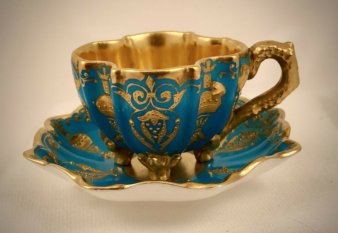 コールポート(Coalport)　カップ＆ソーサー　ターコイズ・ゴールド　脚付き