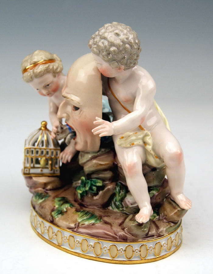 MEISSEN RARITÄT FIGUR GRUPPE PUTTEN VOGELKÄFIG MASKE CHERUBS MNR: H88 UM 1870