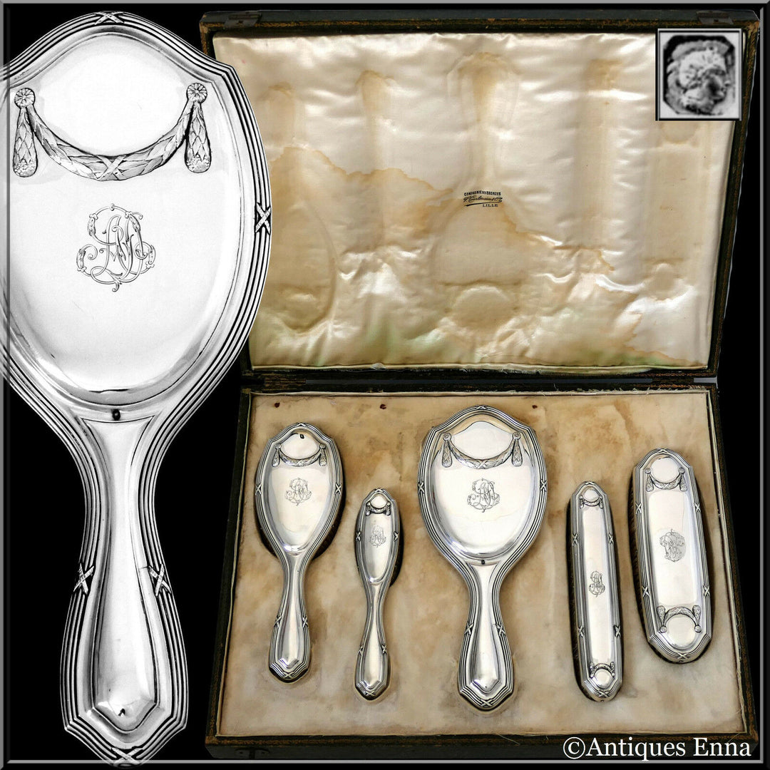 1900 Debain Rare French Sterling Silver Travel Vanity Set 5 Pc, Neoclassical