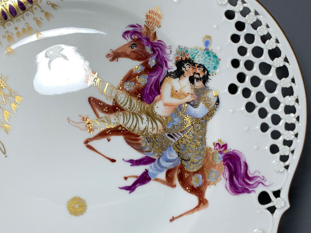 MEISSEN DURCHBRUCH TELLER 1001 NACHT LIEBESPAAR AUF PFERD TOP ZUSTAND D:29cm