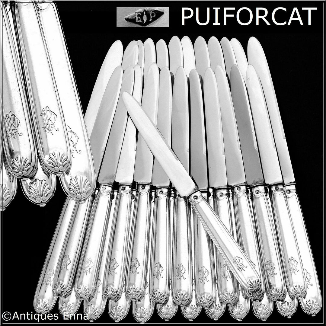 Puiforcat French Sterling Silver Dinner Dessert Knife Set 24 Pc, box, Shell