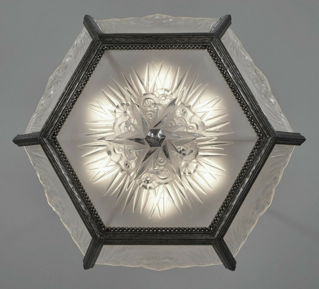 DAUM LORRAIN : FRENCH ART DECO CHANDELIER 1930 wrought iron lustre muller era