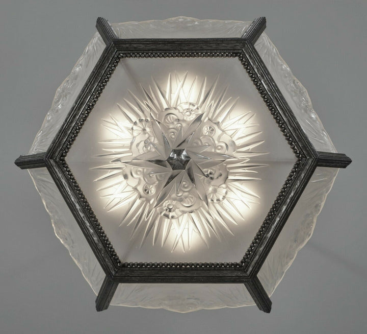 DAUM LORRAIN : FRENCH ART DECO CHANDELIER 1930 wrought iron lustre muller era