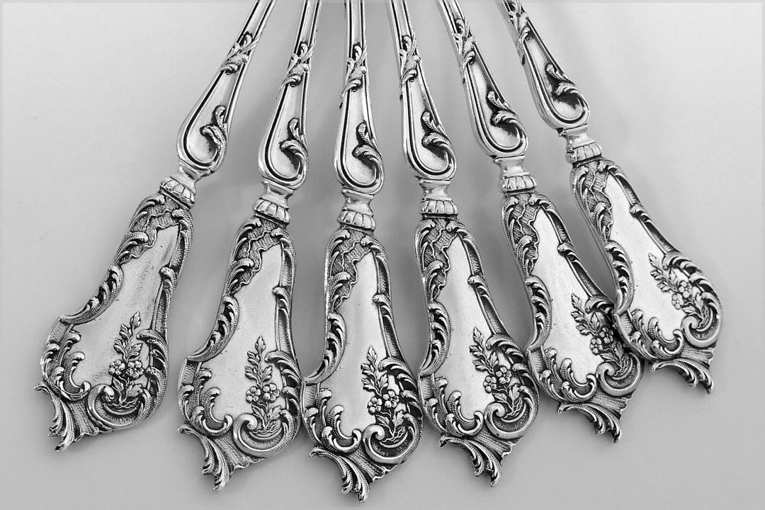 Soufflot French Sterling Silver 18k Gold Tea Coffee Spoons Set 12 pc Rococo