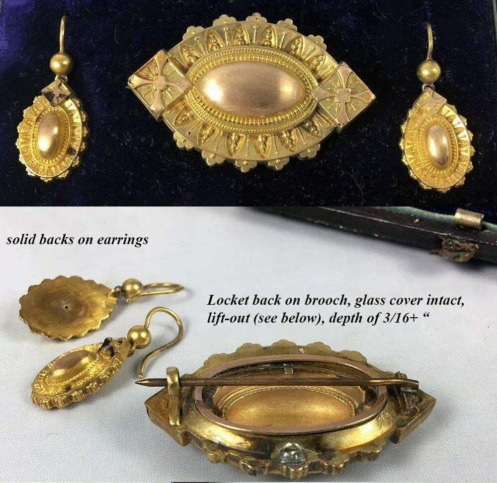 Antique Victorian 14k - 16k Gold Mourning Locket Brooch, Earrings Parure in Box