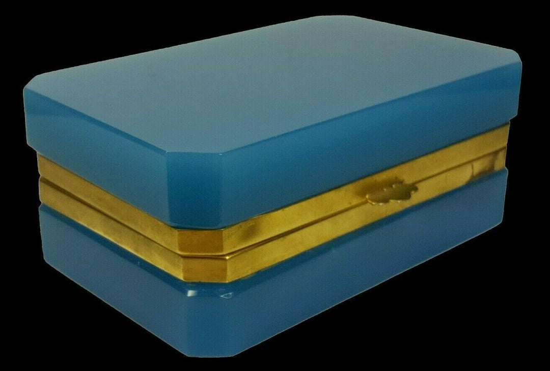 Blue Opaline Glass Jewelry Box / Trinket Box | Rectangular | Brass Frame | Italy