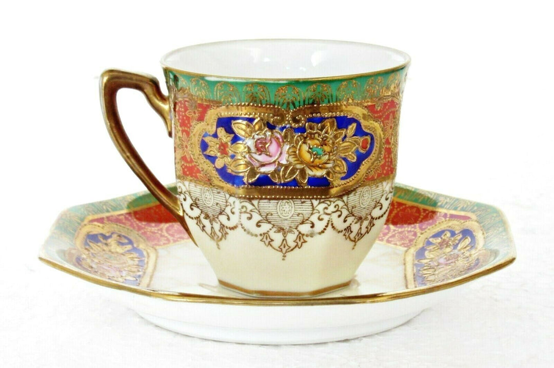 オールドノリタケ　カップ＆ソーサーセット　ローズ　金縁　八角形　アールデコ