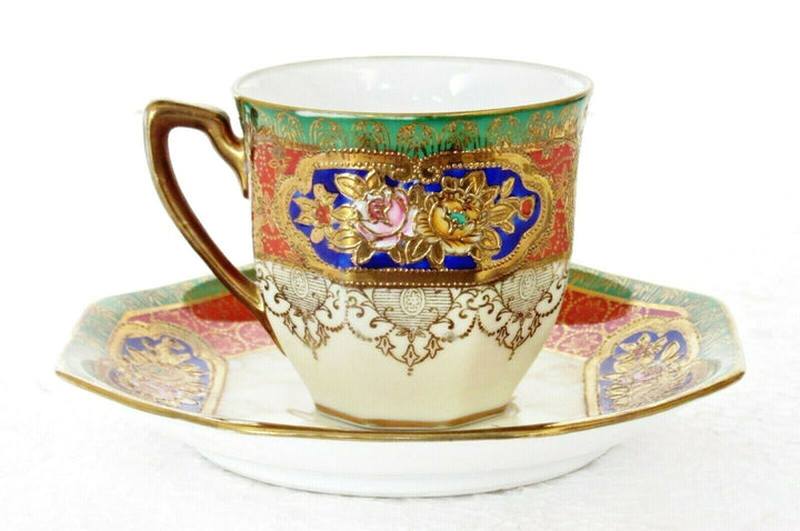 オールドノリタケ　カップ＆ソーサーセット　ローズ　金縁　八角形　アールデコ