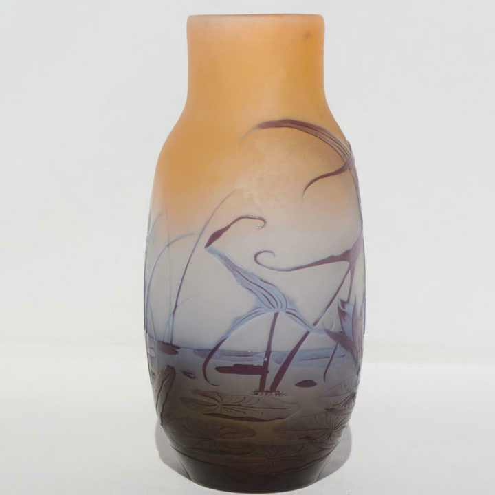 エミールガレ　フランス製　アンティーク　池　草　水　スイレン　蓮の花　ガラス花瓶