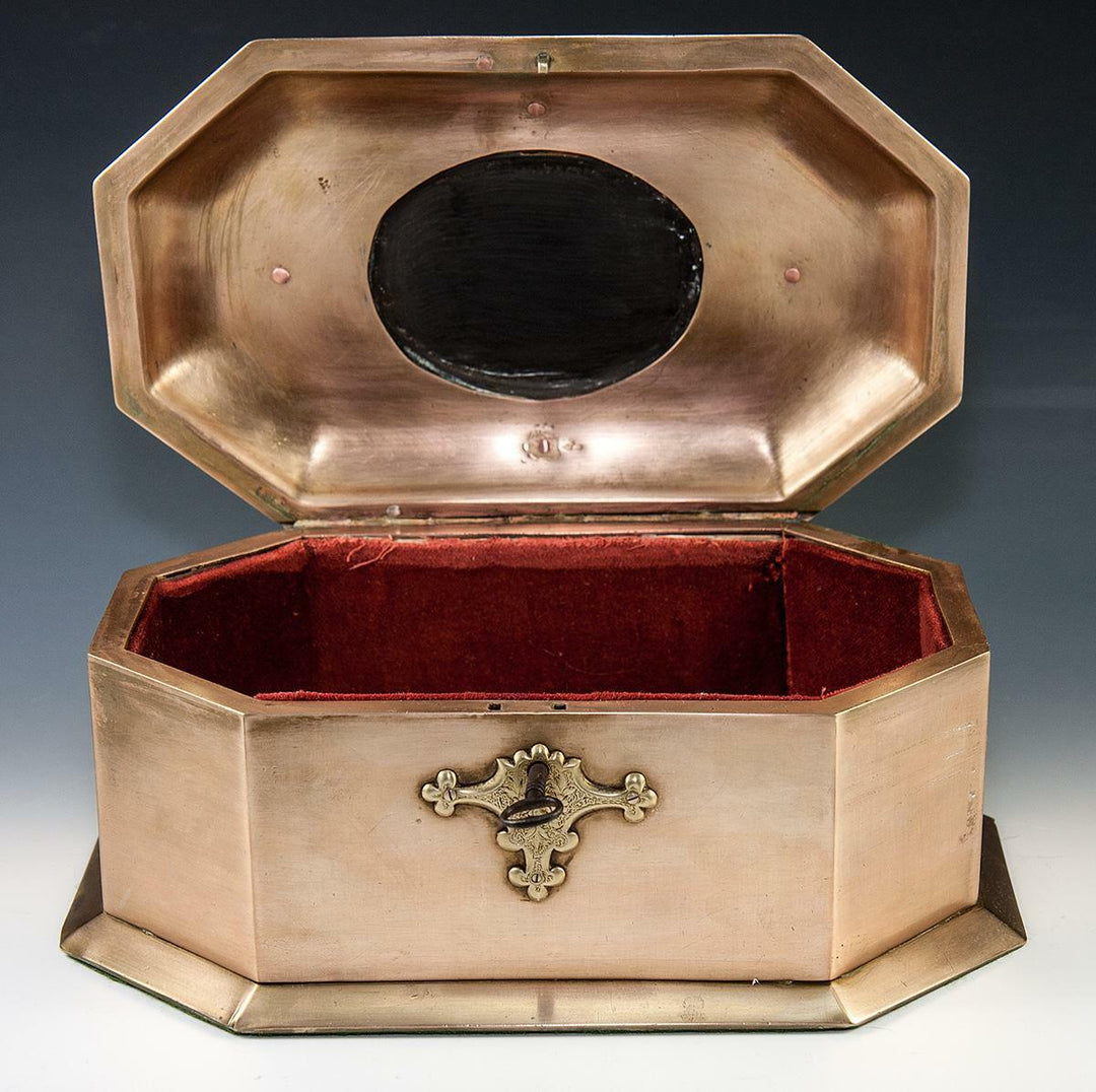 RARE Antique Heavy Italian Jewelry Box, 9.25" Casket, Pietra Dura Plaque c.1850
