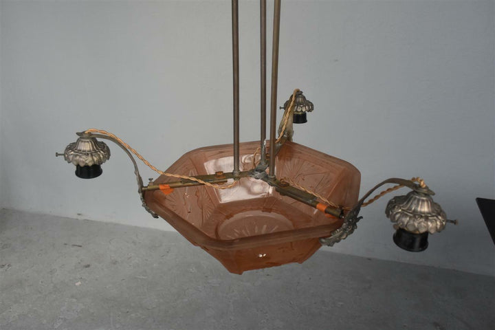 Lustre à tulipes années 1930 Art déco verre moulé Muller Frères