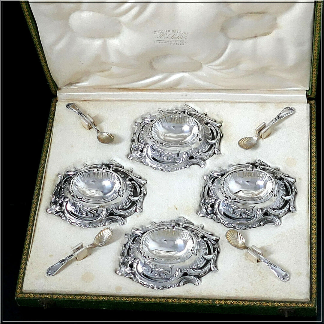 Puiforcat Rare French Sterling Silver 4 Salt Cellars, Spoons, Original Box