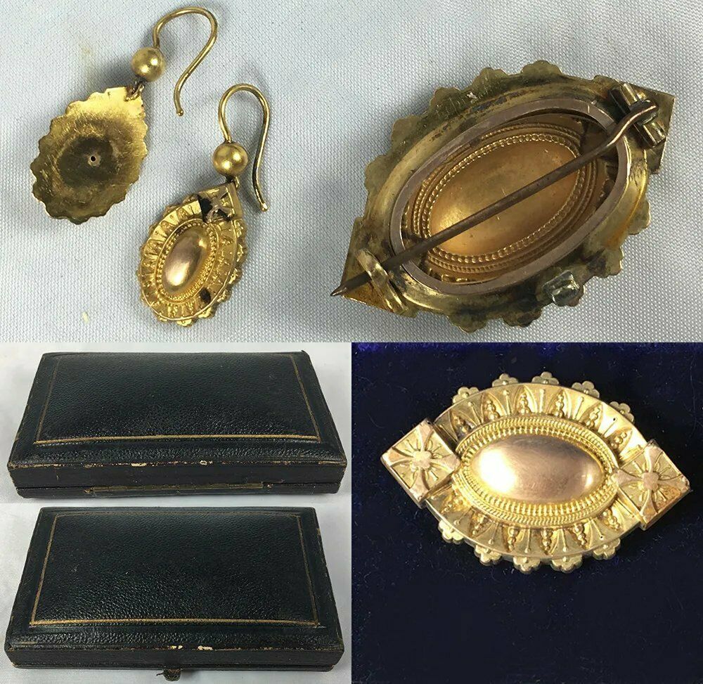 Antique Victorian 14k - 16k Gold Mourning Locket Brooch, Earrings Parure in Box