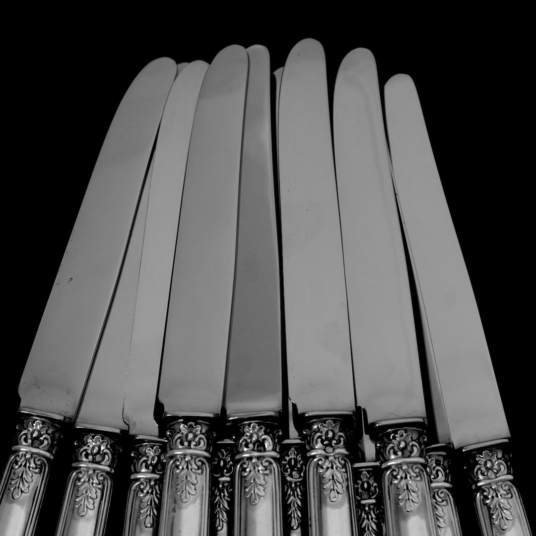 Antique French Sterling Silver Dinner Knife Set 12 pc New Stainless Steel Blades
