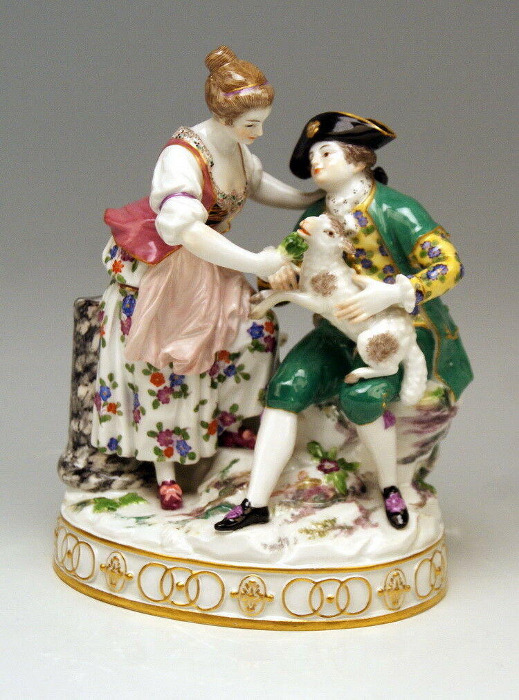 MEISSEN FIGUR GRUPPE SCHÄFER PAAR MIT LAMM UND HUND M.V.ACIER MNR: G20 UM 1850