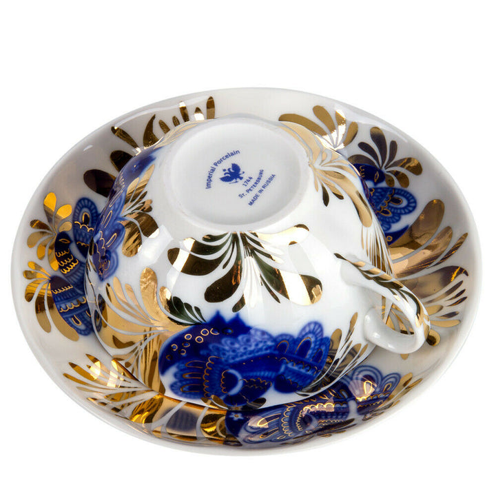 Imperial Porcelain Teacup & Saucer, Golden Garden Blue Bird Pattern, Lomonosov