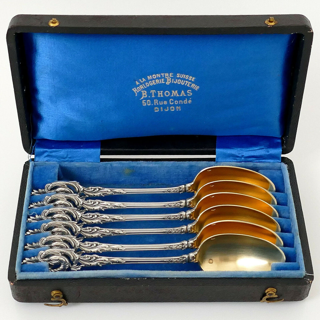Canaux French Sterling Silver 18k Gold Coffee Dessert Spoons Set, Box, Dragon