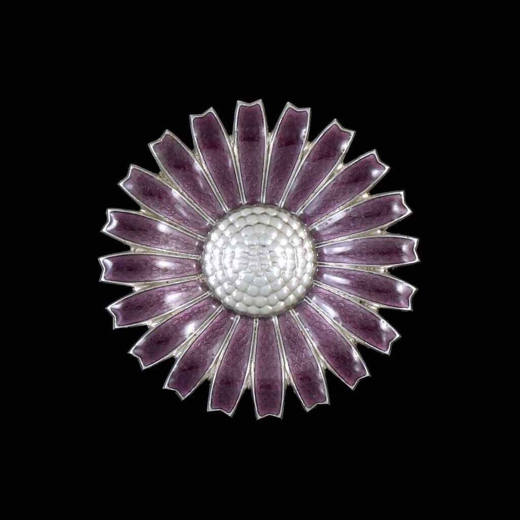 Georg Jensen. Sterling Silver Daisy Brooch / Pendant with Purple Enamel. 43mm.