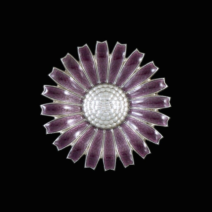 Georg Jensen. Sterling Silver Daisy Brooch / Pendant with Purple Enamel. 43mm.