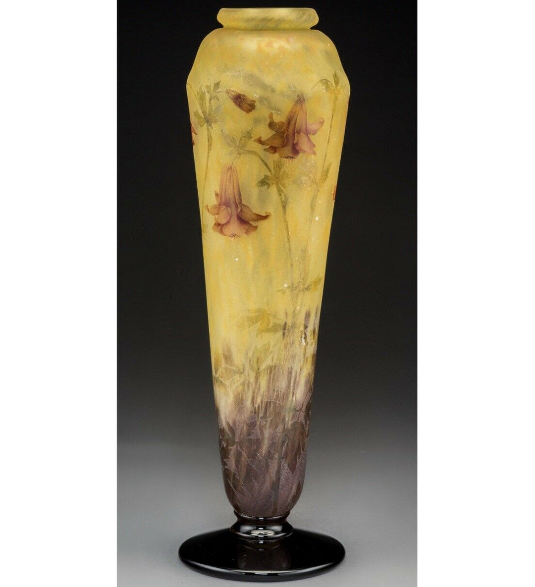 Large 19” Daum Nancy Enameled and Etched Columbine Flower Vase
