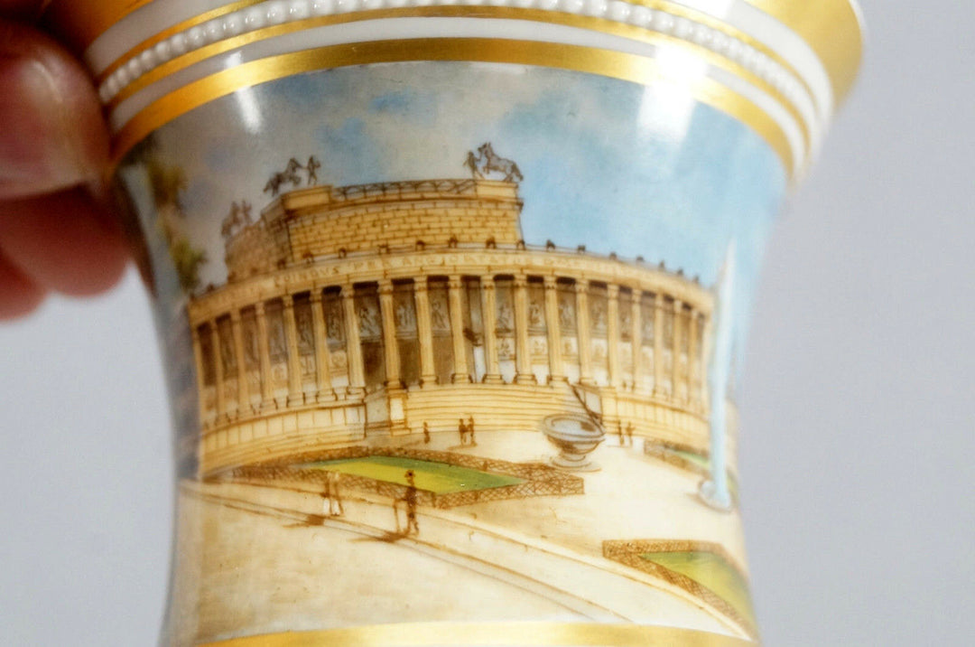 KPM Berlin Hand Painted WWI Altes Museum & Gold Snake Handle Empire Form Cup