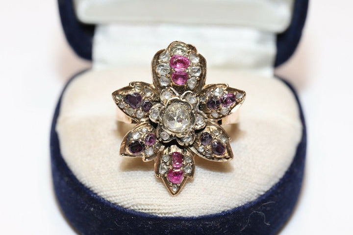 アンティーク ヴィクトリアン 14K ナチュラルローズカットダイヤモンド、ルビー、アメシストのリング