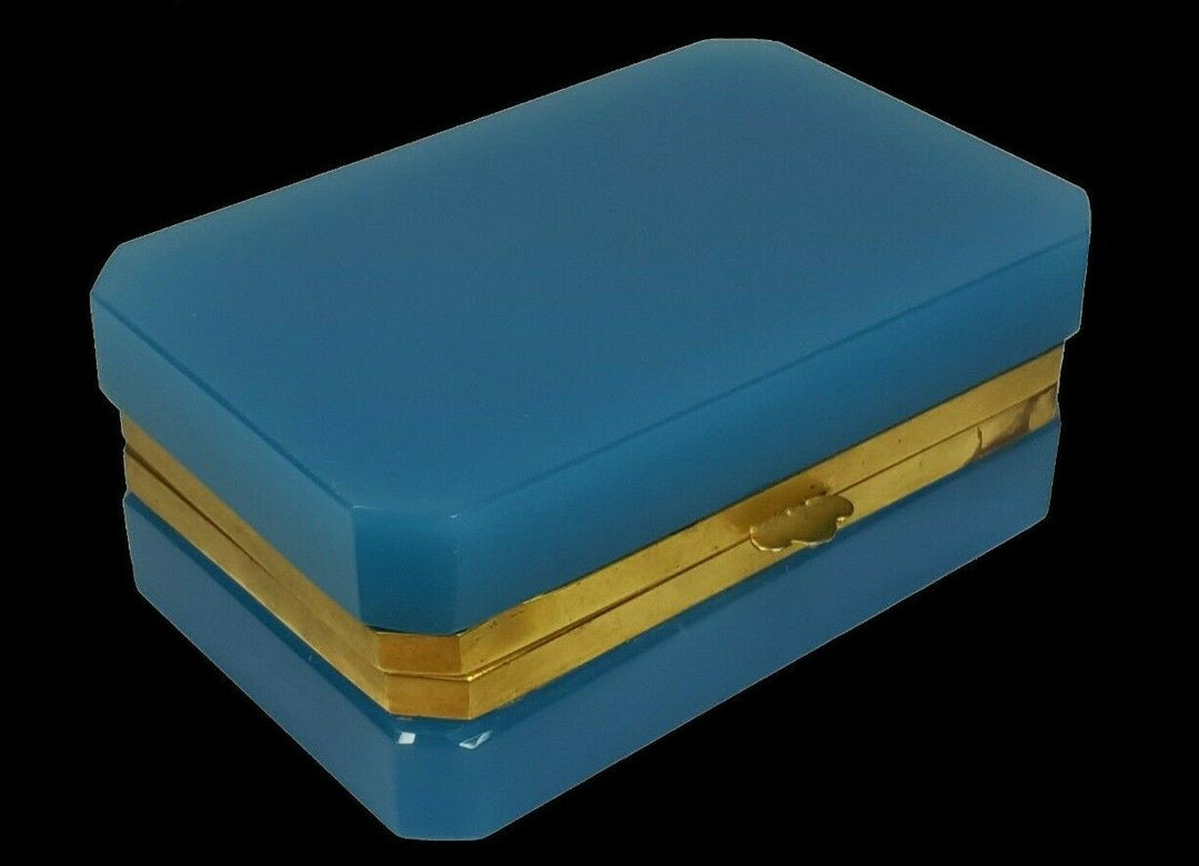 Blue Opaline Glass Jewelry Box / Trinket Box | Rectangular | Brass Frame | Italy