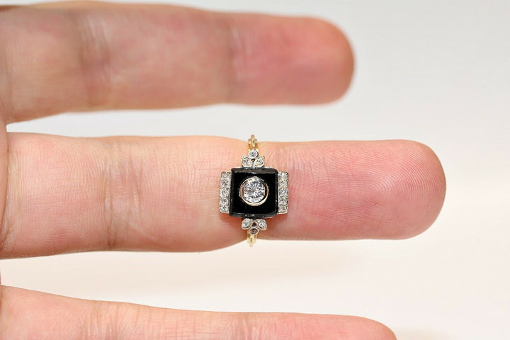 アンティーク 18K アールデコ ナチュラルダイヤモンドとオニキスのリング