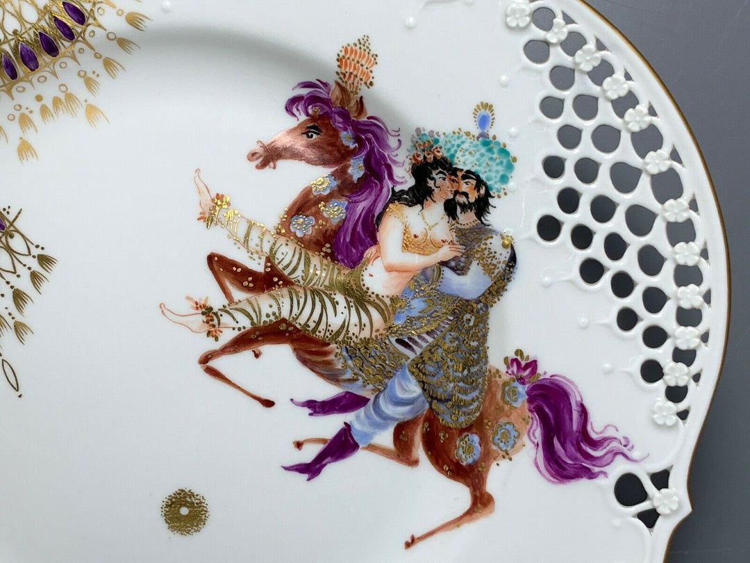 MEISSEN DURCHBRUCH TELLER 1001 NACHT LIEBESPAAR AUF PFERD TOP ZUSTAND D:29cm