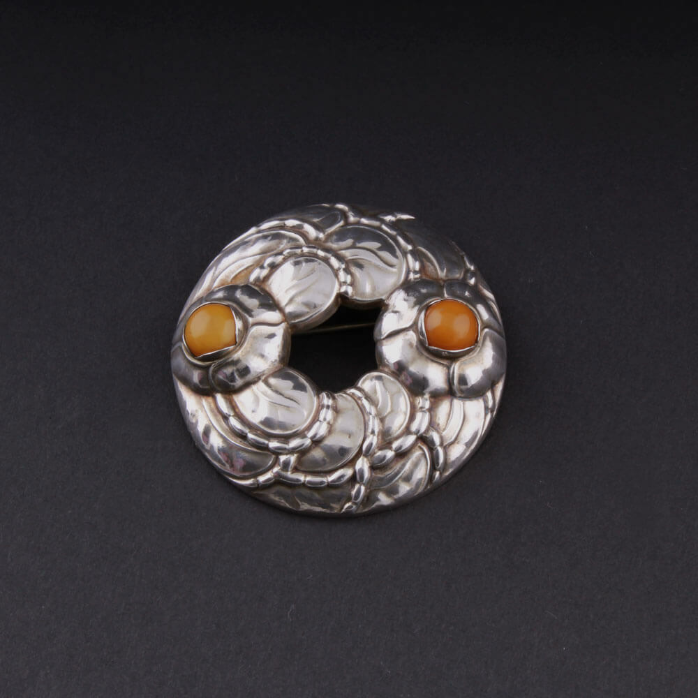 Georg Jensen Sterling Brooch # 42 with Amber. Design: GJ himself. VERY RARE.